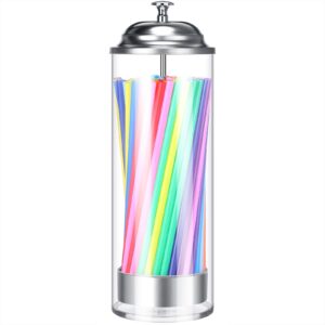 patelai 201 pcs plastic straw dispenser drinking straw organizer container with stainless steel lid transparent drinking straw holder striped plastic straw plastic drinking straw (fresh colors)