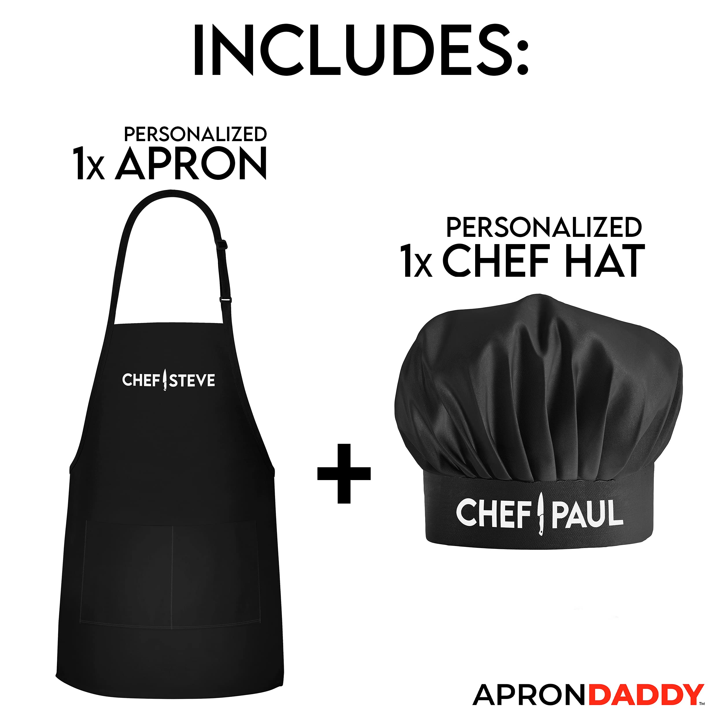 Personalized Apron and Chef Hat Set - Adjustable 1 Size Fits up to3XL - Custom Add A Name Apron for Men and Women - Cooking Gift (Professional Knife Design)