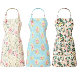 vicenpal 3 pieces women floral apron adjustable flower kitchen aprons linen cooking apron cute floral chef aprons with 2 pockets for wife mom grandma cooking baking gardening, 3 designs