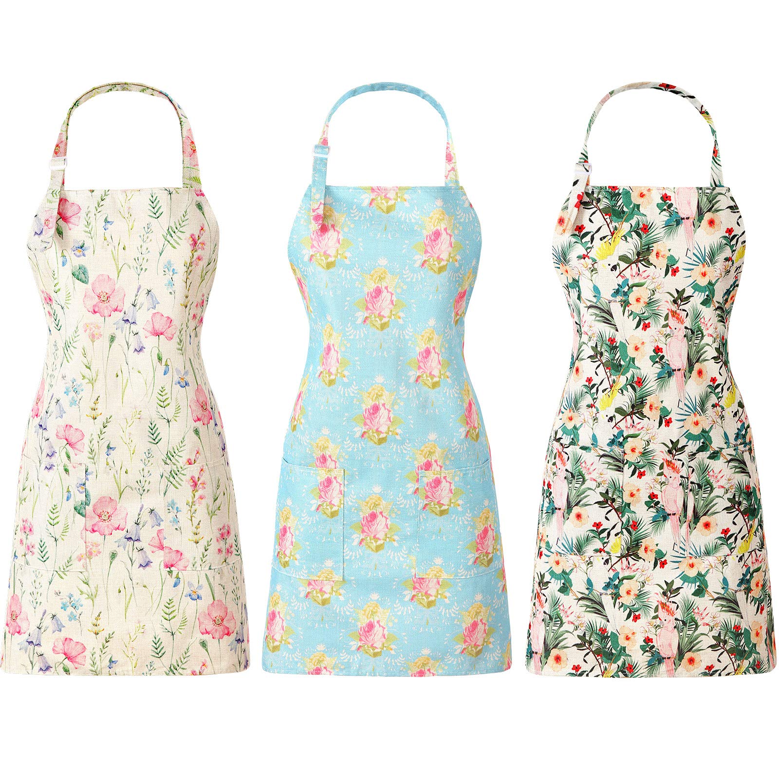 Vicenpal 3 Pieces Women Floral Apron Adjustable Flower Kitchen Aprons Linen Cooking Apron Cute Floral Chef Aprons with 2 Pockets for Wife Mom Grandma Cooking Baking Gardening, 3 Designs