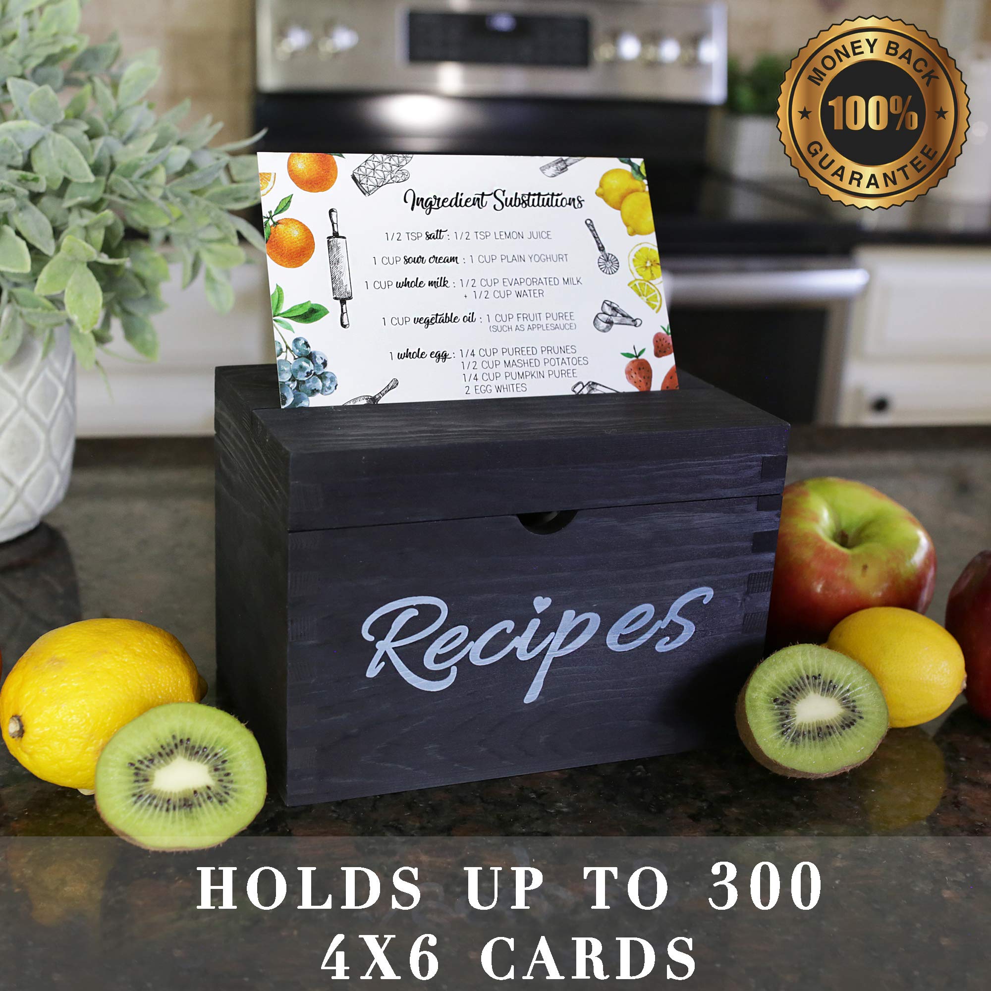 Baking & Beyond Recipe Box, Recipe Card Holder Box with 100 4x6 inch Recipe Cards, 9 Dividers, 1 Conversion & 1 Substitution Card, Vintage Style Solid Pinewood Recipe Organizer (7x5.3x4, Black)
