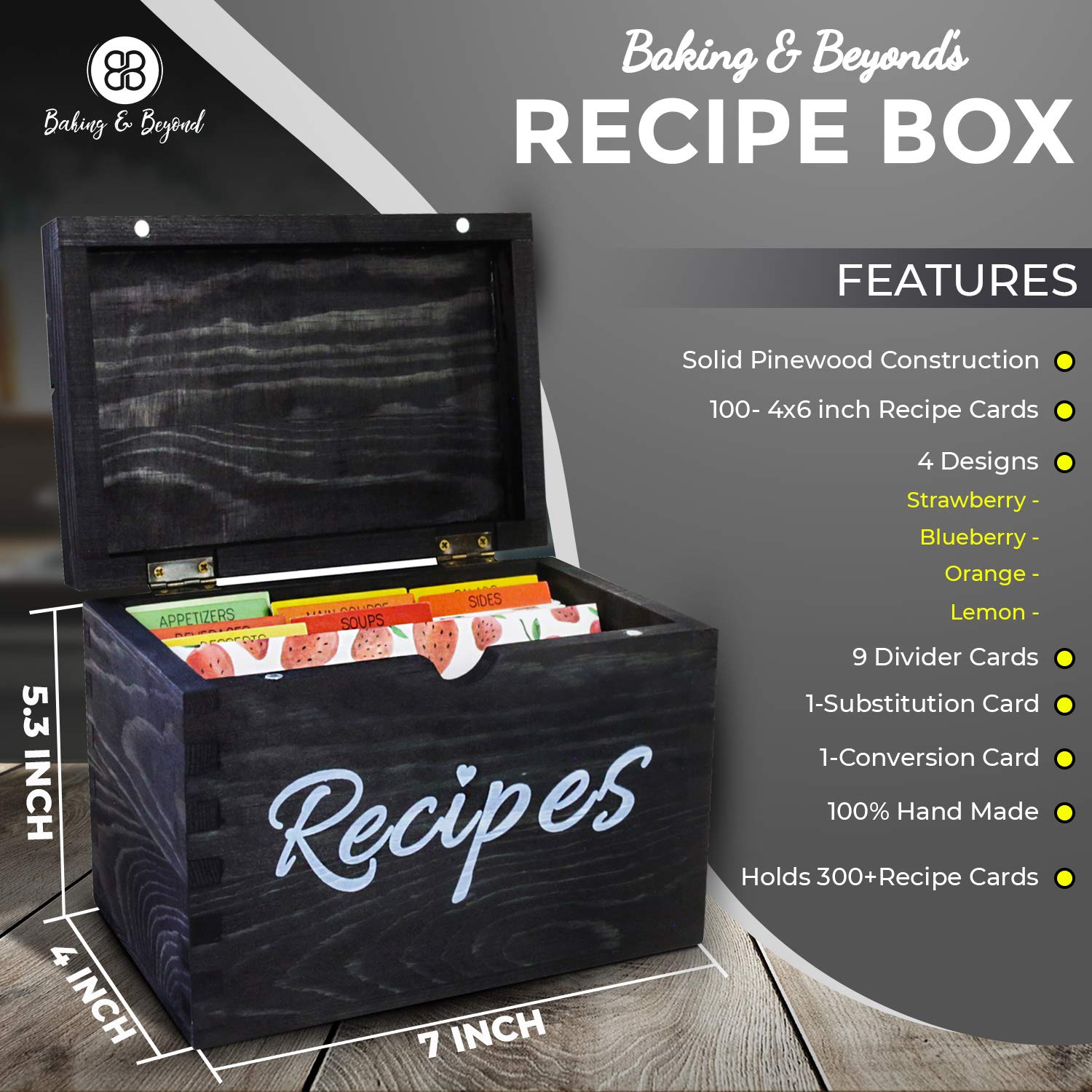 Baking & Beyond Recipe Box, Recipe Card Holder Box with 100 4x6 inch Recipe Cards, 9 Dividers, 1 Conversion & 1 Substitution Card, Vintage Style Solid Pinewood Recipe Organizer (7x5.3x4, Black)