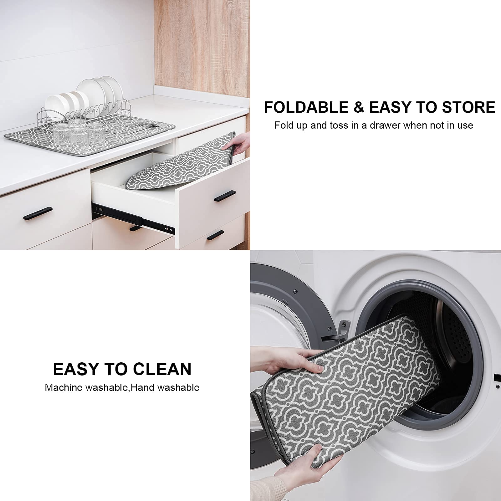 SUBEKYU 24" x 18" Dish Drying Mat, Dish Mat Drying Kitchen Mat Large, Absorbent Microfiber Dish Drainer/Rack Pads, XL, Grey, 1PACK