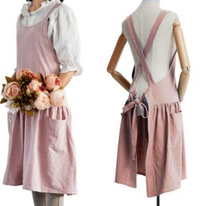 newgem cotton linen cross back apron for women with pockets for baking painting pink with waist ties