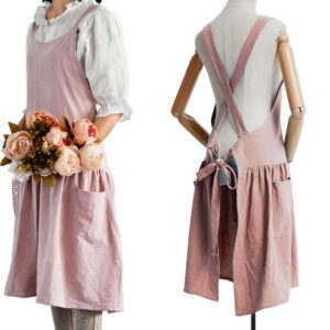 NEWGEM Cotton Linen Cross Back Apron for Women with Pockets for Baking Painting Pink with Waist Ties