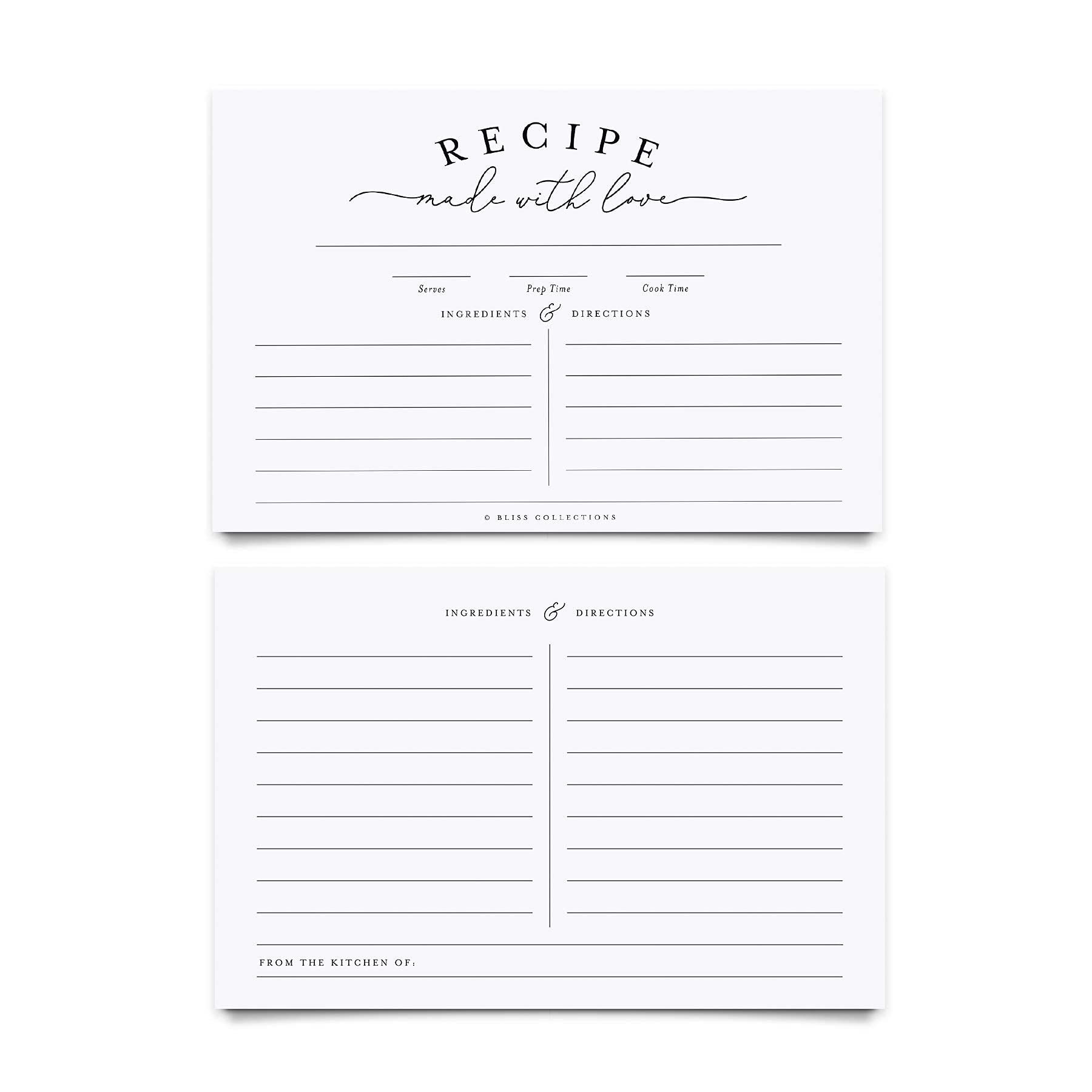 Bliss Collections Recipe Cards, Classic, Double-Sided Cards for Family Recipes, Wedding Showers, Bridal Showers, Baby Showers and Housewarming Gifts, 4"x6" (50 Cards)