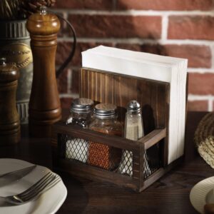 FARM IN Napkin Holder, Farmhouse Multifunctional Napkin Holder with Salt and Pepper Shakers Holder for Home and Commercial Use, Rustic Solid Burnt Wood & Diamond Metal Wire Mesh
