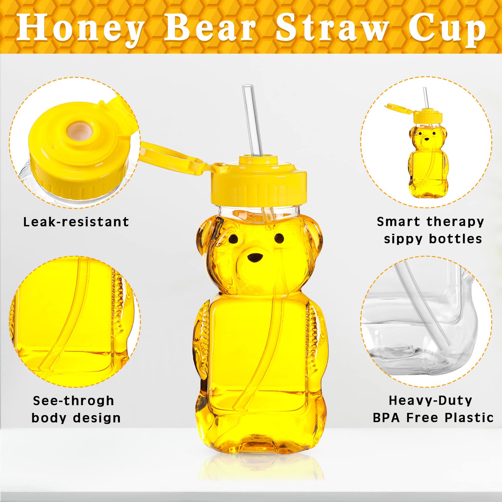 32 Pack Honey Bear Bottle with Straws Empty Plastic Cup Honey Jar Containers Bear Shaped Squeeze Bottle Storing and Dispensing Yellow Flip Top Lid Assistive Drink Cups Honey Bottles Jar (6oz)