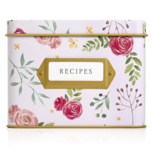 jot & mark decorative recipe tin box for recipe cards, greeting card holder | holds hundreds of 4” x 6” cards (pink peonies)
