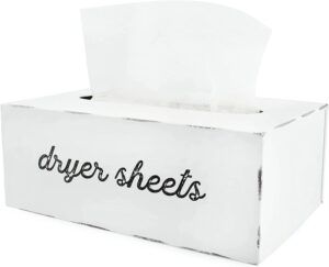 auldhome dryer sheet dispenser; countertop rustic white fabric softener sheet holder for laundry room
