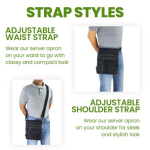 e-Holster Server Apron (Large) with 5 Pockets | Black Waist Apron with Removable Adjustable Shoulder Strap and Waist Strap for Men, Woman, Waiter, Waitress, and Chef