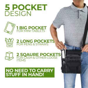 e-Holster Server Apron (Large) with 5 Pockets | Black Waist Apron with Removable Adjustable Shoulder Strap and Waist Strap for Men, Woman, Waiter, Waitress, and Chef