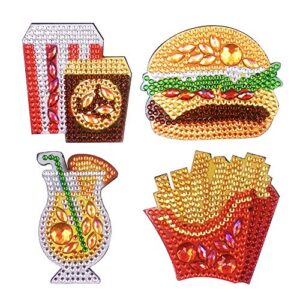 4pcs diy refrigerator magnet sticker diamond painting kits full drill special shaped fridge magnet decals for office cabinet refrigerator whiteboard notes memos photos gift (burger fries food)