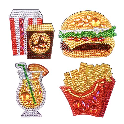 4pcs DIY Refrigerator Magnet Sticker Diamond Painting Kits Full Drill Special Shaped Fridge Magnet Decals for Office Cabinet Refrigerator Whiteboard Notes Memos Photos Gift (Burger Fries Food)