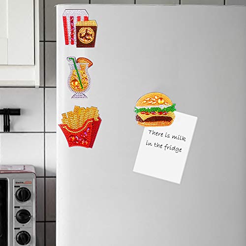 4pcs DIY Refrigerator Magnet Sticker Diamond Painting Kits Full Drill Special Shaped Fridge Magnet Decals for Office Cabinet Refrigerator Whiteboard Notes Memos Photos Gift (Burger Fries Food)