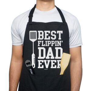 vagavy - best flippin dad ever dad apron with pockets - bottle opener and gift box included - birthday, father’s day grilling gifts for papa, husband - black barbeque apron for daddy men
