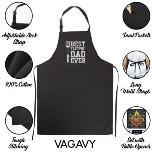 VAGAVY - Best Flippin Dad Ever Dad Apron with Pockets - Bottle Opener and Gift Box Included - Birthday, Father’s Day Grilling Gifts for Papa, Husband - Black Barbeque Apron for Daddy Men