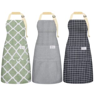 littlemax 3 pack apron for women with pockets, adjustable cotton linen cooking chef aprons for kitchen bbq grill