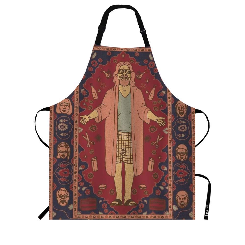 Beabes Big Lebowski Dude Rug Kitchen Bib Apron Man Has Huge Rug In Middle Ties Board Game Together Polyester Adjustable Apron For Outdoor BBQ Gardening 27" X 31" For Chef Waitress