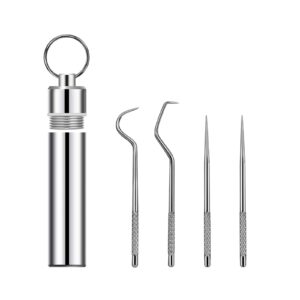 4 pcs/set portable stainless steel pocket set reusable metal toothpicks, holder for outdoor picnic camping traveling supplies(1)