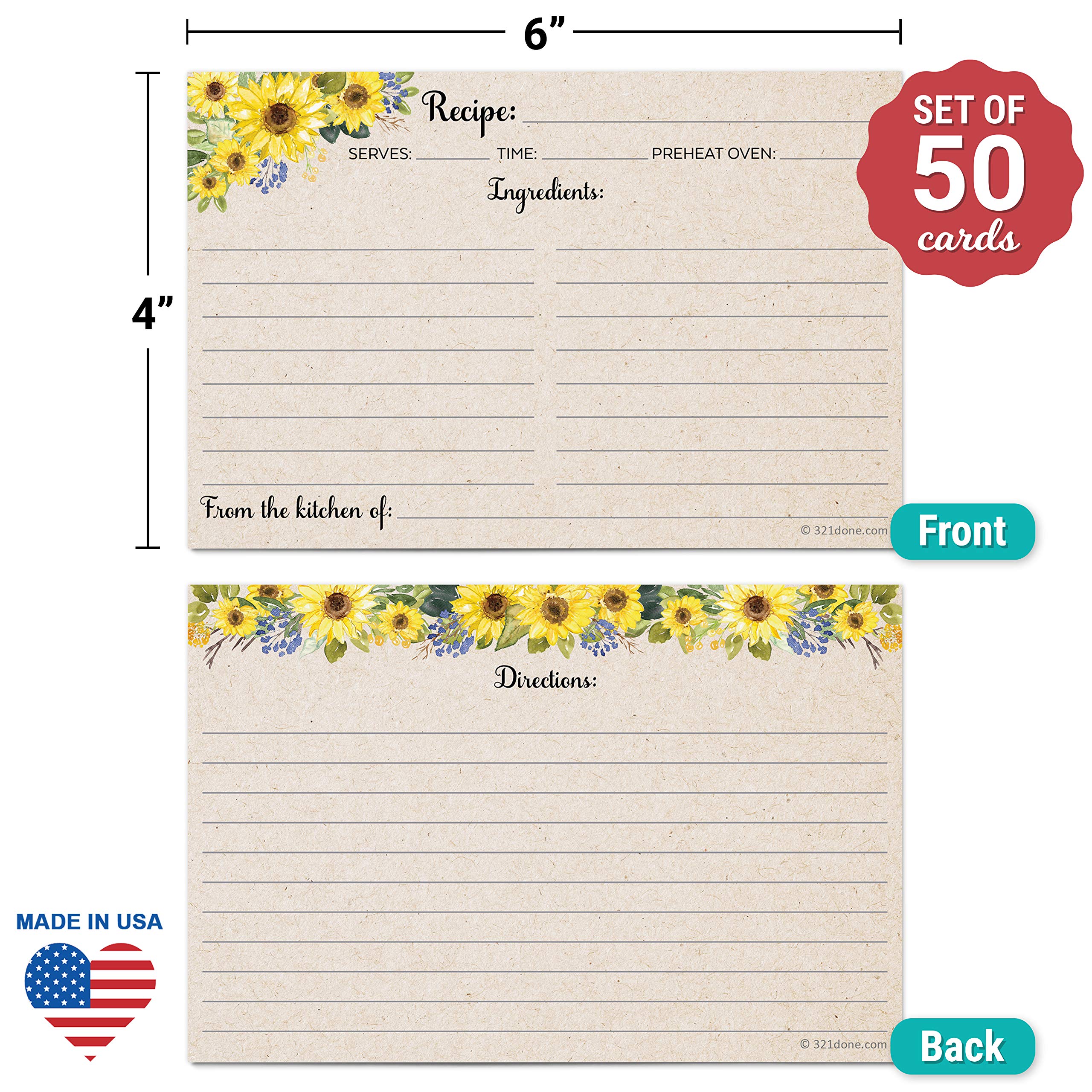 321Done Sunflower Recipe Cards (Set of 50) Large 4x6 - Rustic Kraft Tan, From the Kitchen Of - Double-Sided for Weddings, Bridal, Baby Shower - Made in USA