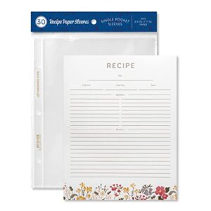 jot & mark recipe card paper full page 8.5x11 with crystal clear page protectors for 3 ring binder, 30 count (midnight floral)