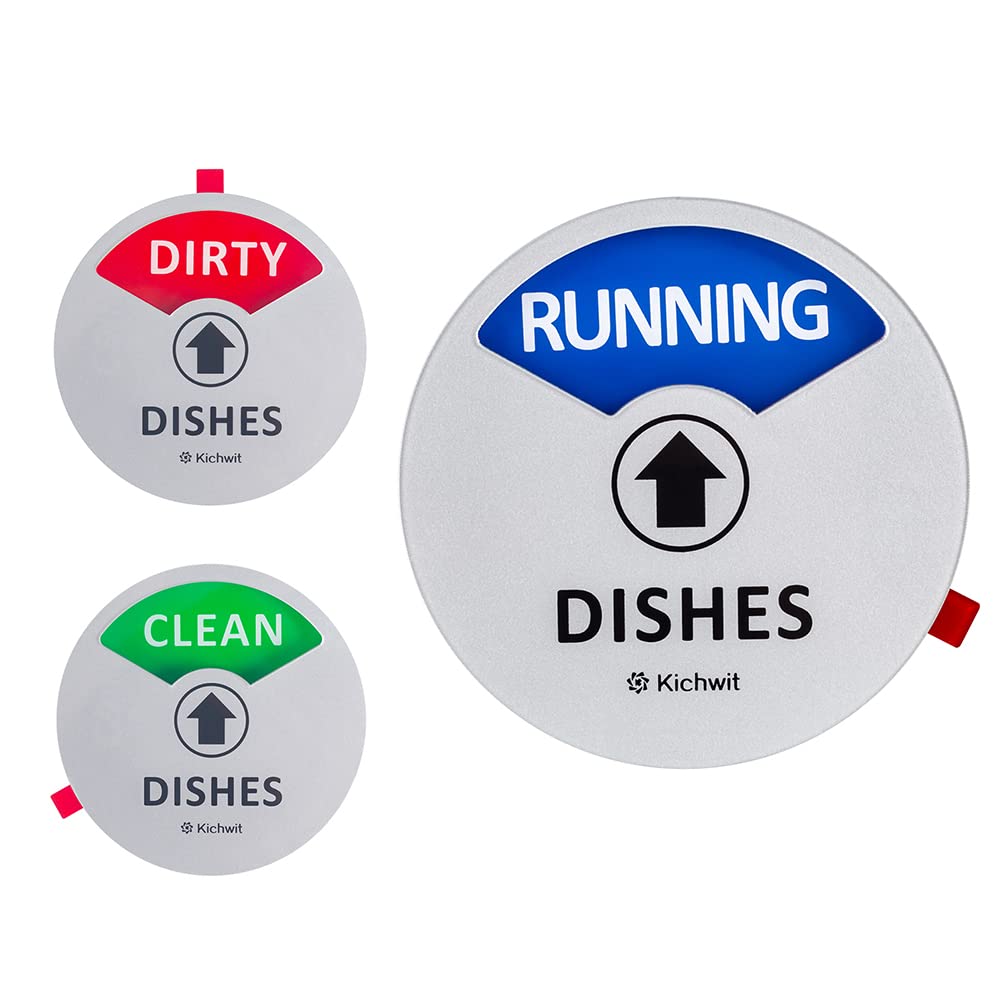 Kichwit Clean Dirty Dishwasher Magnet with The 3rd Option “Running”, Perfect for Quiet Dishwashers, Non-Scratch Strong Magnet Backing, Residue Free Adhesive Included, 3.5” Diameter, Silver