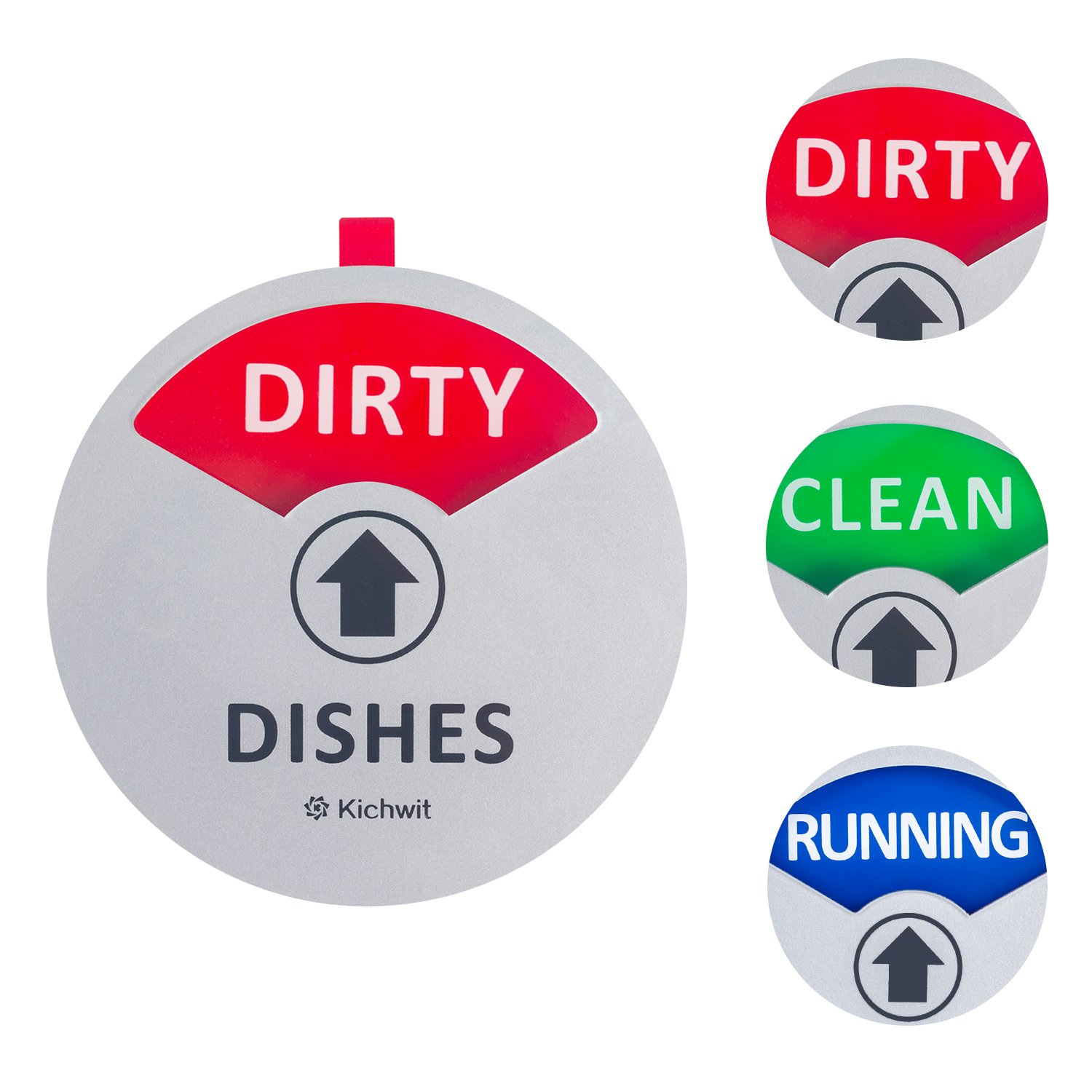 Kichwit Clean Dirty Dishwasher Magnet with The 3rd Option “Running”, Perfect for Quiet Dishwashers, Non-Scratch Strong Magnet Backing, Residue Free Adhesive Included, 3.5” Diameter, Silver