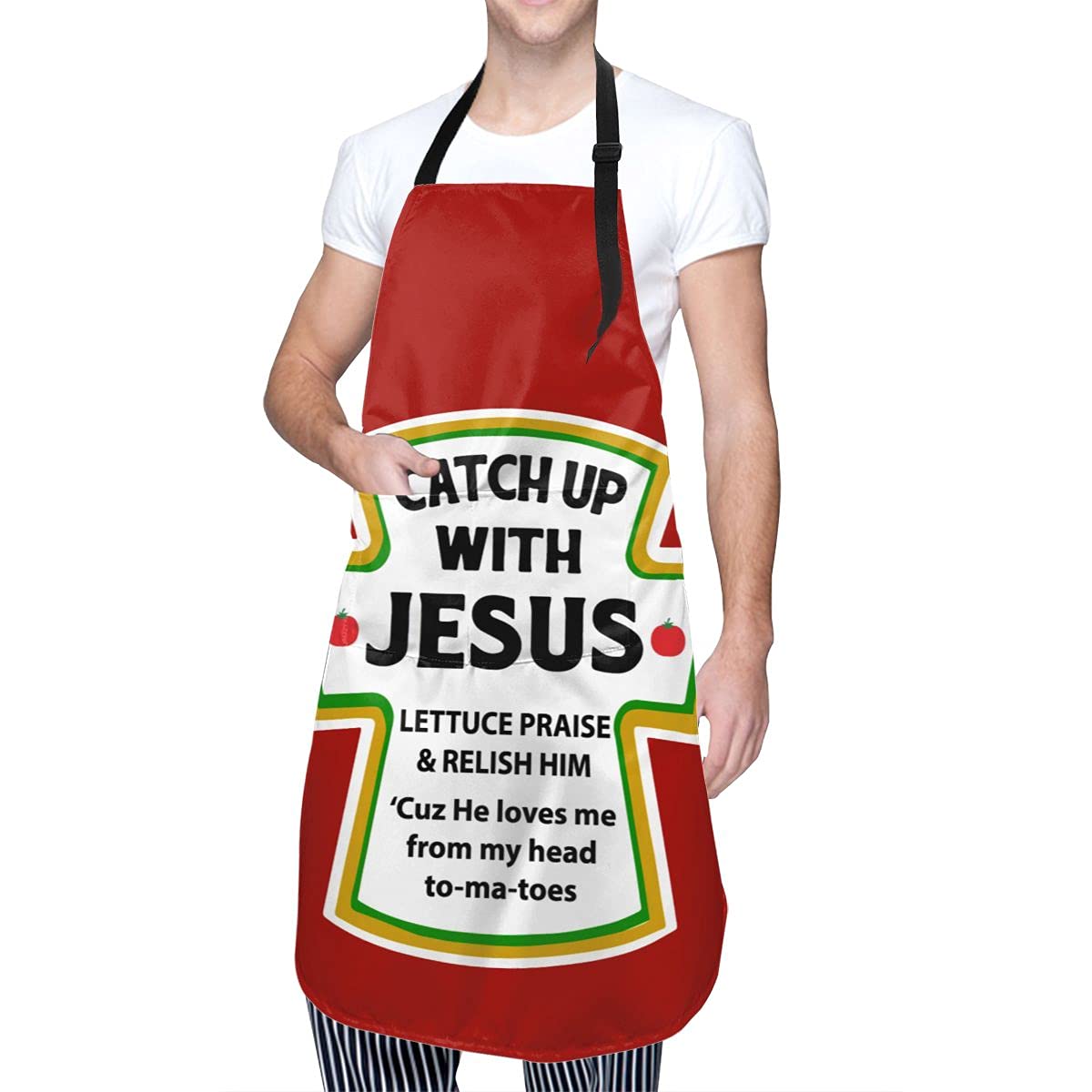 BAIFUMEN Catch Up With Jesus Christian Adjustable Bib Apron Waterdrop Resistant with Pockets Cooking Kitchen Aprons for Women Men Chef (33 x 28 Inches)