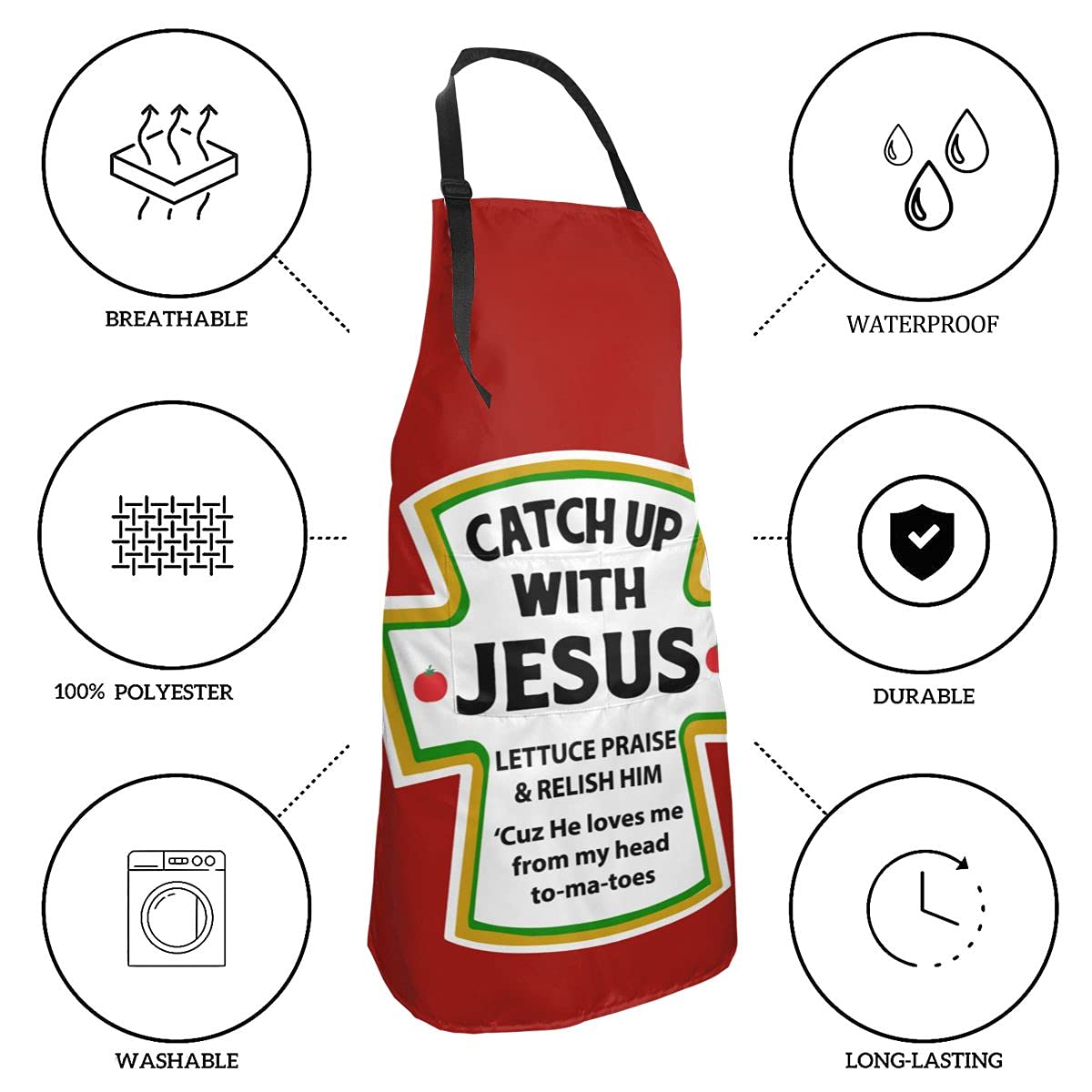 BAIFUMEN Catch Up With Jesus Christian Adjustable Bib Apron Waterdrop Resistant with Pockets Cooking Kitchen Aprons for Women Men Chef (33 x 28 Inches)