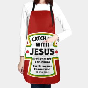 BAIFUMEN Catch Up With Jesus Christian Adjustable Bib Apron Waterdrop Resistant with Pockets Cooking Kitchen Aprons for Women Men Chef (33 x 28 Inches)