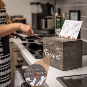 KitchenMania Wood Recipe Box with Cards,Wood Dividers 4x6 Vintage Style Set,100 Double Sided Recipe Cards,100 Recipe Card Protectors, Gift for Grandma Mom Women Wedding Bridal Shower Rustic Black