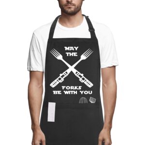 potalkfree funny cooking aprons for men women with pocket, may the forks be with you kitchen chef apron, bbq grilling gifts for birthday christmas thanksgiving husband dad mom wife