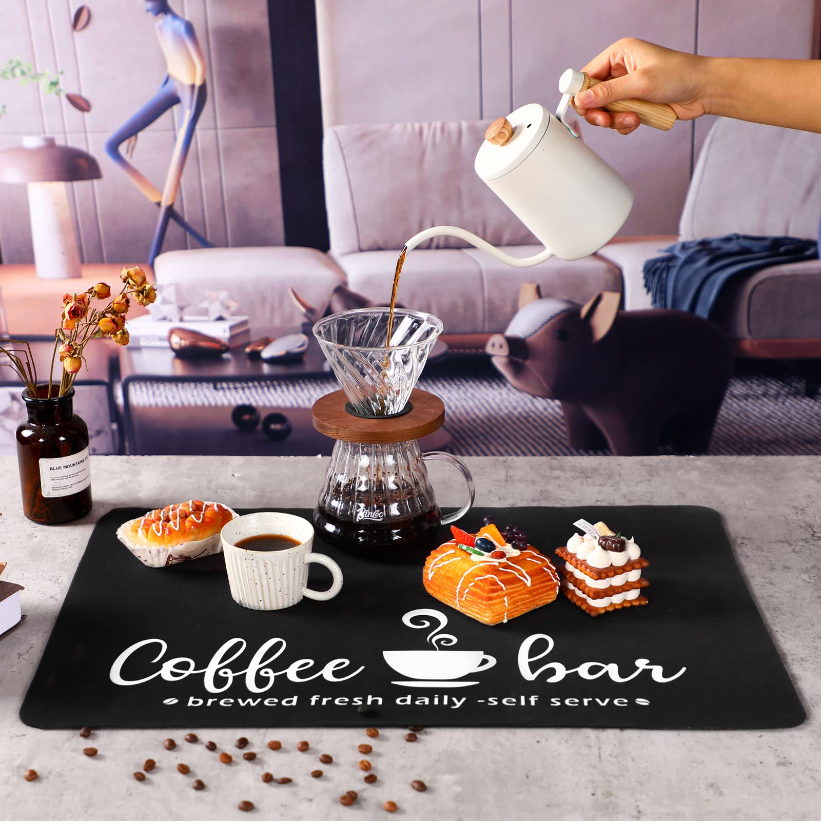 Queekay Coffee bar mat 24" x 16" Coffee mat for countertop Coffee placemats Coffee bar Accessories Coffee Pot mat Hide Stain Rubber Backed Absorbent Dish Drying Mat (Stylish Pattern)