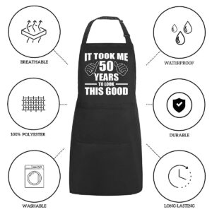 POTALKFREE 50th Birthday Gifts for Women Men, Funny Chef Aprons with Pockets, Kitchen Cooking Grilling Apron for Grandma Grandpa Dad Mom, Grill Decorations for Christmas Thanksgiving