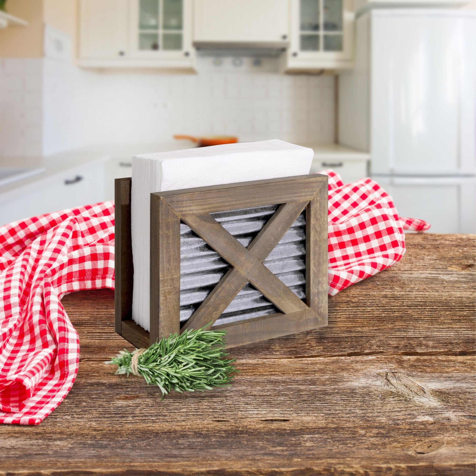 Autumn Alley Farmhouse Napkin Holder - Upright Wooden Napkin Holder - Classic Barn Door Motif with Galvanized Metal - Rustic Napkin Holder for Farmhouse Kitchen Décor - Durable Country Napkin Holder