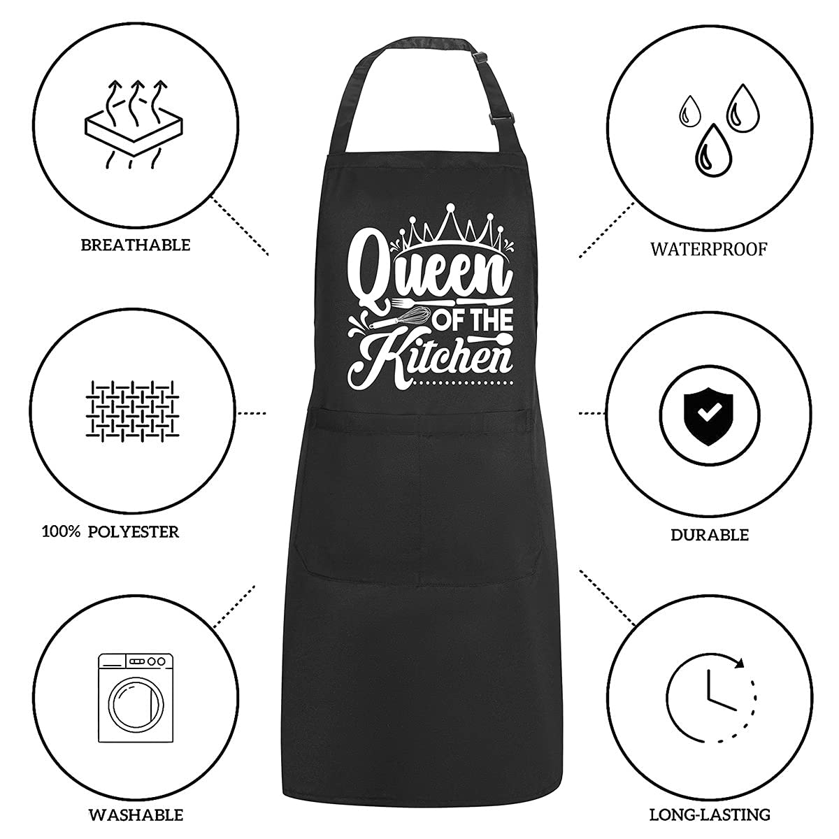 POTALKFREE Funny Aprons for Women with 2 Pockets, Queen of The Kitchen, Adjustable Bib Water Resistant Cooking Chef Apron, Gifts for Mom, Wife, Friends