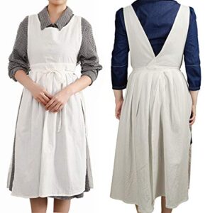 losofar women girls vintage pleated split apron v neck gardening works cotton overall smock pinafore dress (white, 40" l)