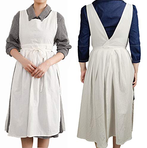 losofar Women Girls Vintage Pleated Split Apron V Neck Gardening Works Cotton Overall Smock Pinafore Dress (white, 40" L)