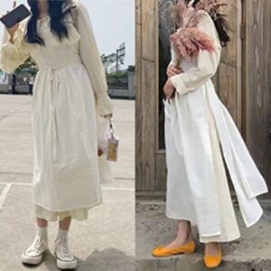 losofar Women Girls Vintage Pleated Split Apron V Neck Gardening Works Cotton Overall Smock Pinafore Dress (white, 40" L)