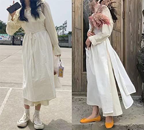 losofar Women Girls Vintage Pleated Split Apron V Neck Gardening Works Cotton Overall Smock Pinafore Dress (white, 40" L)