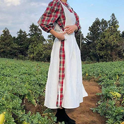 losofar Women Girls Vintage Pleated Split Apron V Neck Gardening Works Cotton Overall Smock Pinafore Dress (white, 40" L)