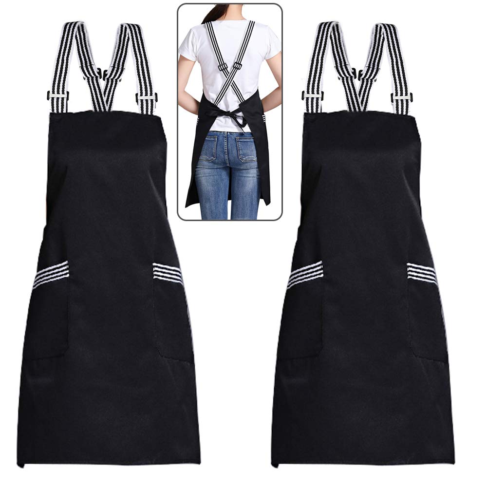 Amytalk 2Pack Crossback Apron for Women Men Chef Comfortable Adjustable Apron Waterdrop Resistant with Large Pockets for Cooking BBQ Drawing(Black)