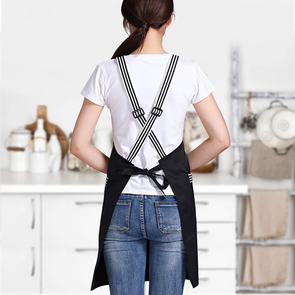 Amytalk 2Pack Crossback Apron for Women Men Chef Comfortable Adjustable Apron Waterdrop Resistant with Large Pockets for Cooking BBQ Drawing(Black)