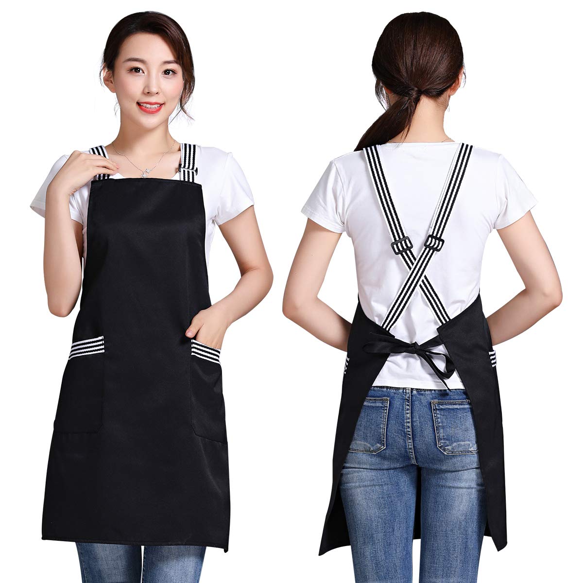 Amytalk 2Pack Crossback Apron for Women Men Chef Comfortable Adjustable Apron Waterdrop Resistant with Large Pockets for Cooking BBQ Drawing(Black)