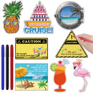 8 pcs cruise door decorations birthday cruise door magnets sign and 3 paint pens caution fruit porthole funny magnetic cabin cruise door stickers for carnival cruise cabin stateroom fridge door