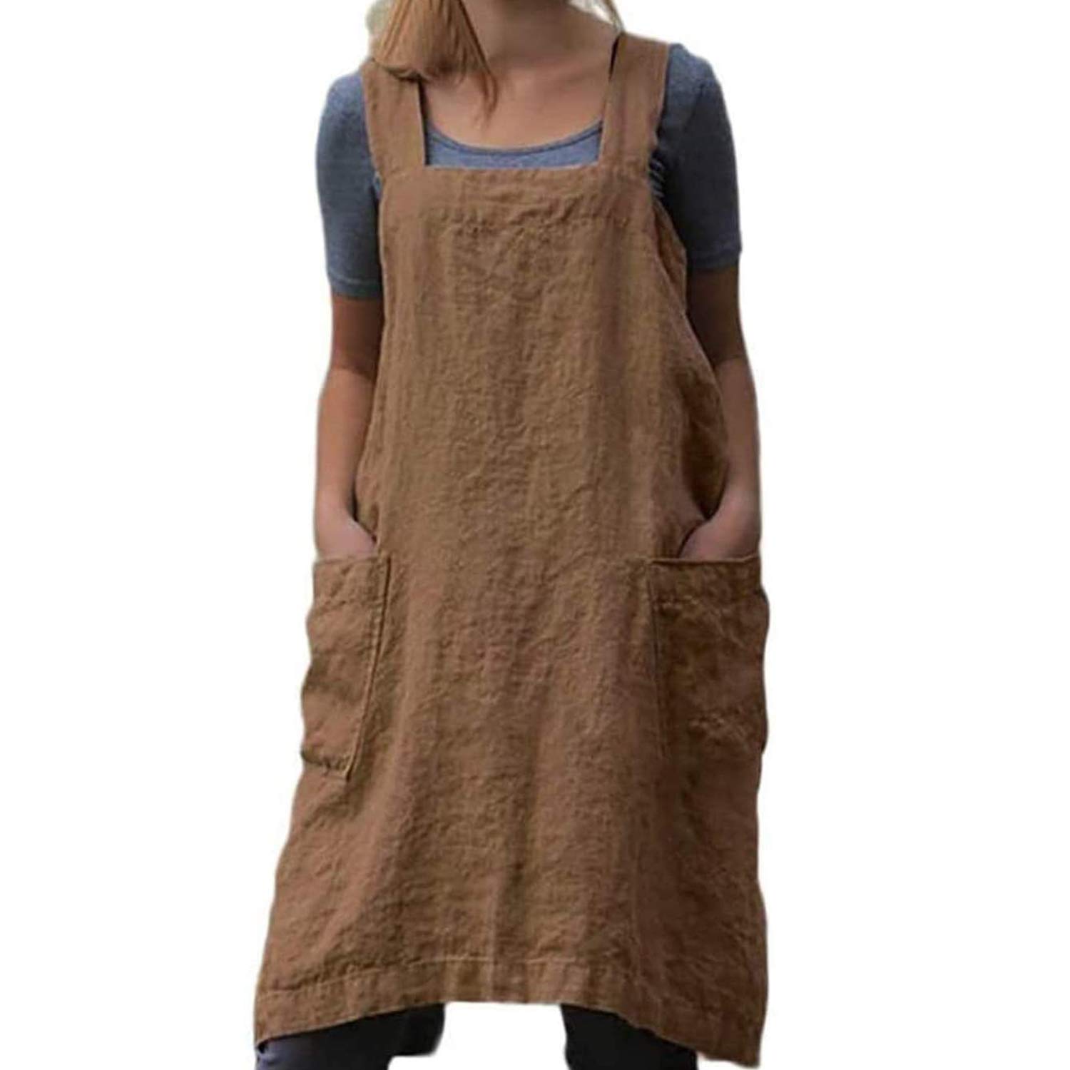 TBA Cotton Linen Apron Cross Back Apron for Women with Big Pockets Square Pinafore Dress for Baking Cooking BBQ & Grill