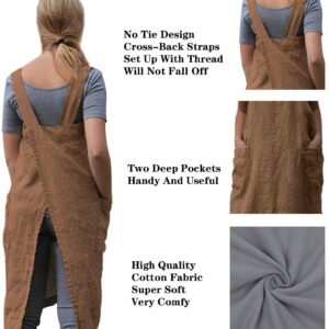 TBA Cotton Linen Apron Cross Back Apron for Women with Big Pockets Square Pinafore Dress for Baking Cooking BBQ & Grill