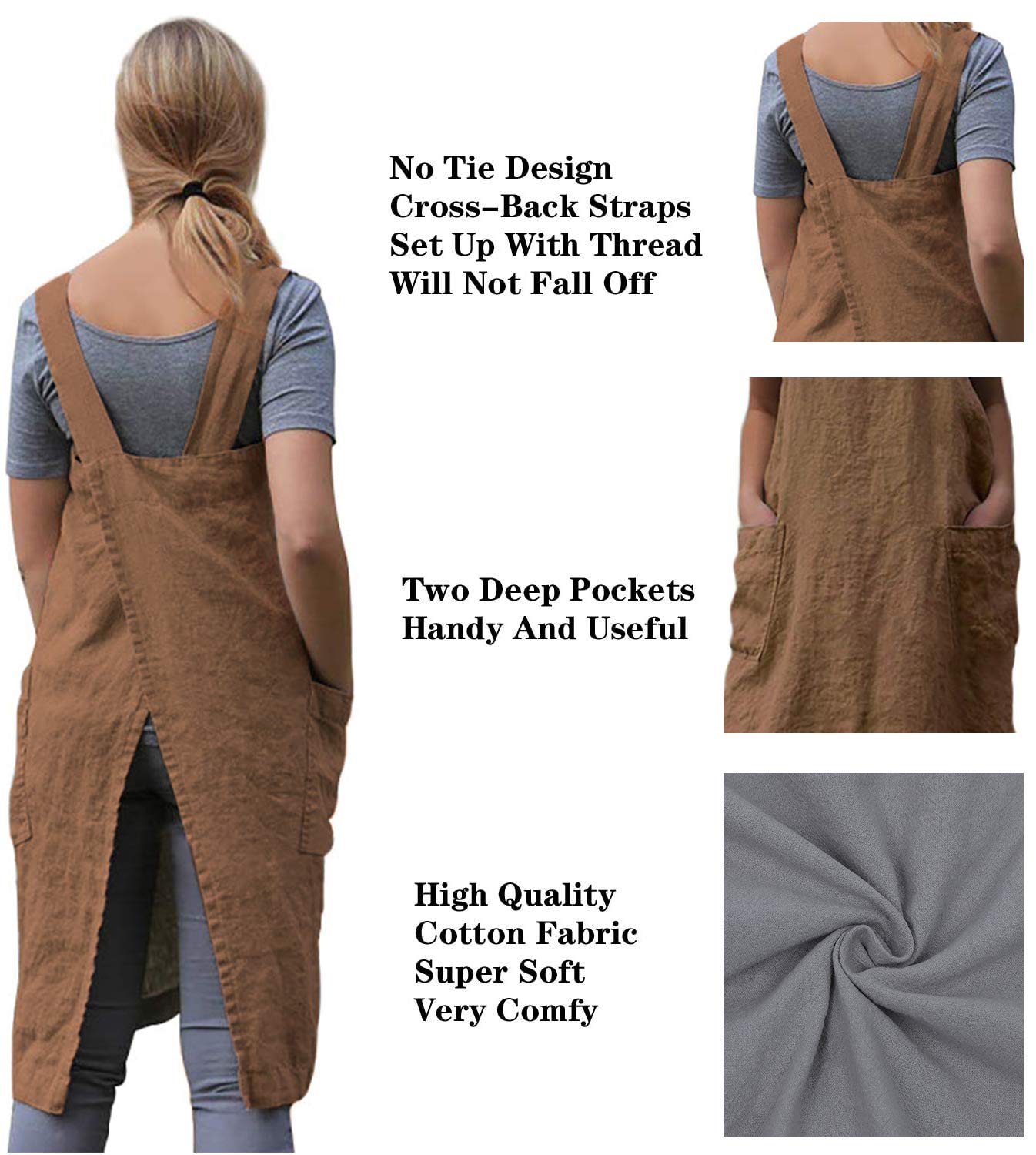 TBA Cotton Linen Apron Cross Back Apron for Women with Big Pockets Square Pinafore Dress for Baking Cooking BBQ & Grill