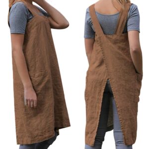 TBA Cotton Linen Apron Cross Back Apron for Women with Big Pockets Square Pinafore Dress for Baking Cooking BBQ & Grill